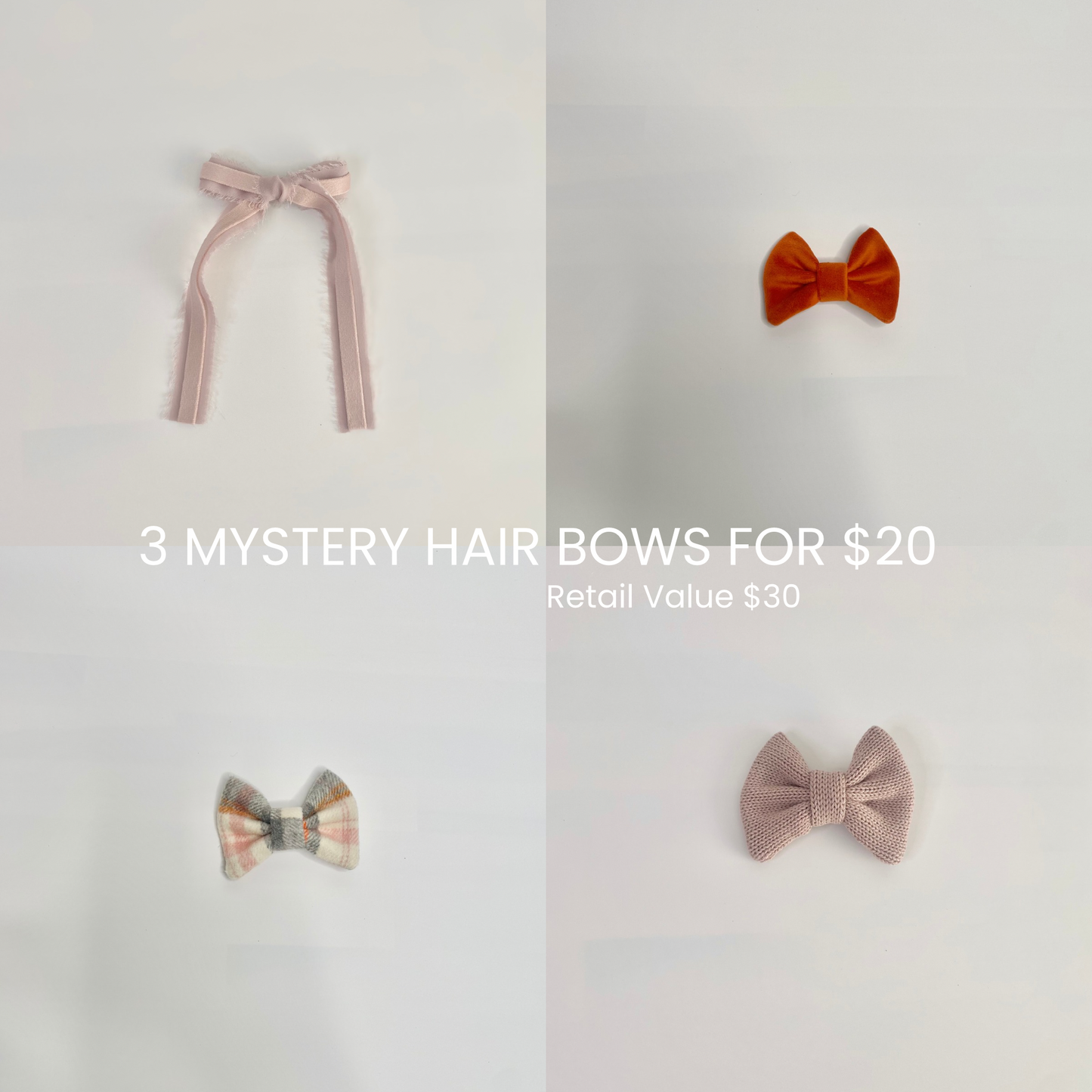 3 MYSTERY HAIR BOWS FOR $20
